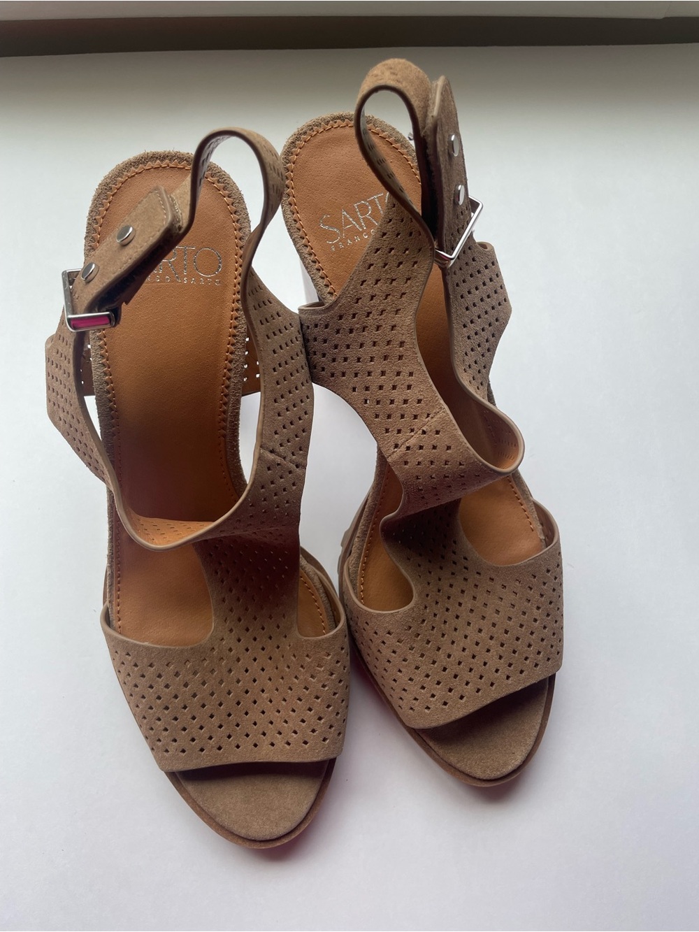 SARTO By Franco Sarto Tan Perforated Suede Block Heel Sandals - Picture 2 of 7